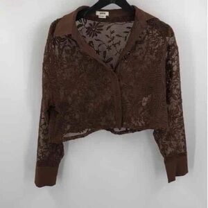 Jason Wu Womens Brown Floral Long Sleeve Cropped Button-Up Shirt Size XS new